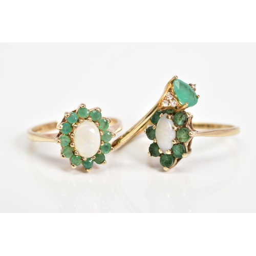 50 - THREE 9CT GOLD EMERALD SET RINGS, the first of cluster design set with an oval cut opal and circular... 