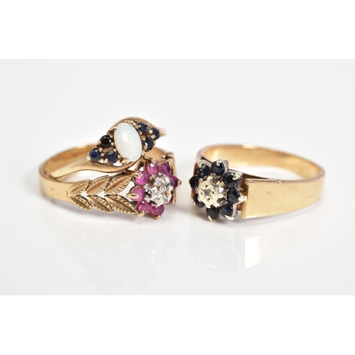 52 - THREE 9CT GOLD GEM SET RINGS, to include a diamond and sapphire cluster ring with a 9ct hallmark for... 