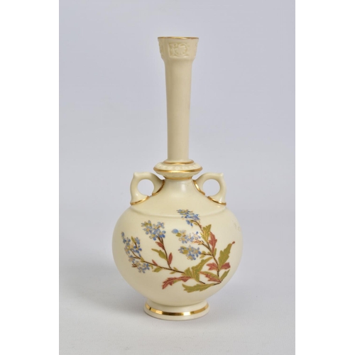 552 - A ROYAL WORCESTER TWIN HANDLED BULBOUS SHAPED BUD VASE, ivory ground, gilt details, printed and tint... 