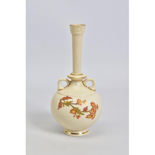 552 - A ROYAL WORCESTER TWIN HANDLED BULBOUS SHAPED BUD VASE, ivory ground, gilt details, printed and tint... 