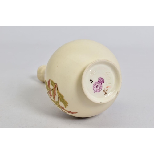 552 - A ROYAL WORCESTER TWIN HANDLED BULBOUS SHAPED BUD VASE, ivory ground, gilt details, printed and tint... 