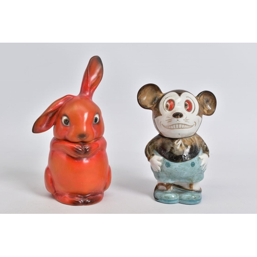 553 - AN EARLY 20TH CENTURY PORCELAIN 'MICKEY MOUSE' JAR AND COVER, with red eyes and smiling mouth showin... 