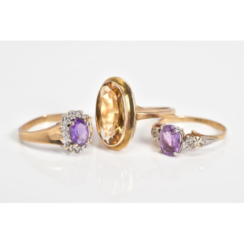 56 - THREE GEM SET RINGS, to include an amethyst and diamond set cluster ring, with a 9ct hallmark for Sh... 