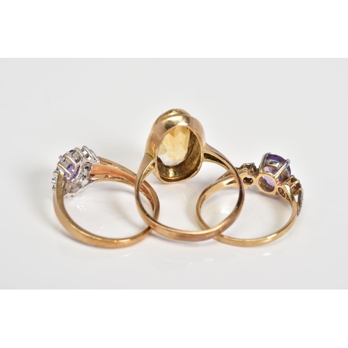 56 - THREE GEM SET RINGS, to include an amethyst and diamond set cluster ring, with a 9ct hallmark for Sh... 