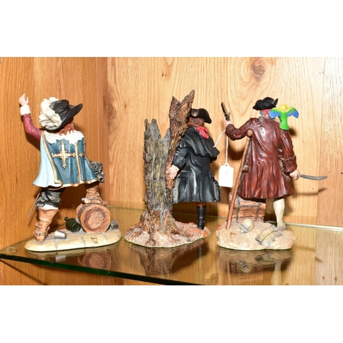 566 - THREE ROYAL DOULTON RESIN SCULPTURES OF MALE FIGURES, comprising Dick Turpin HN3637, D'Arta gnan HN3... 