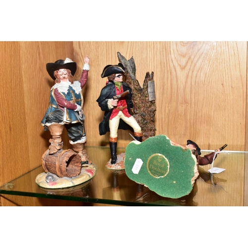 566 - THREE ROYAL DOULTON RESIN SCULPTURES OF MALE FIGURES, comprising Dick Turpin HN3637, D'Arta gnan HN3... 