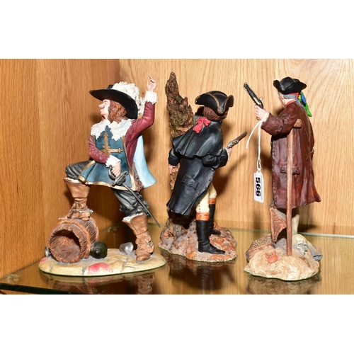 566 - THREE ROYAL DOULTON RESIN SCULPTURES OF MALE FIGURES, comprising Dick Turpin HN3637, D'Arta gnan HN3... 