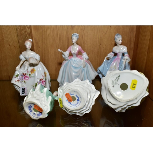 568 - FOUR ROYAL DOULTON AND TWO COALPORT LADY FIGURES, comprising Marilyn HN3002, Clarissa HN2345 (second... 