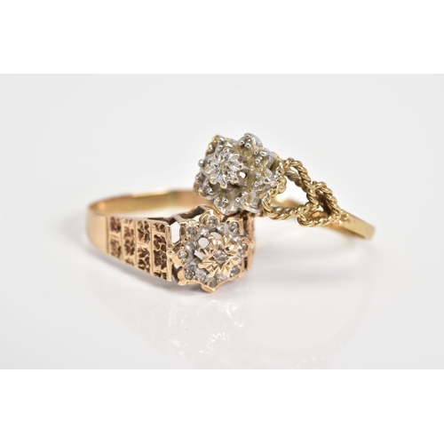 57 - TWO 9CT GOLD DIAMOND CLUSTER RINGS, the first designed as a tiered cluster with a central single cut... 