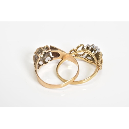 57 - TWO 9CT GOLD DIAMOND CLUSTER RINGS, the first designed as a tiered cluster with a central single cut... 