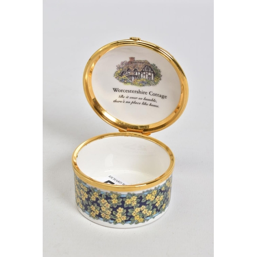 571 - A ROYAL WORCESTER 'THE CONNOISSSEUR COLLECTION WORCESTERSHIRE COTTAGE', circular pill box, gilt meta... 