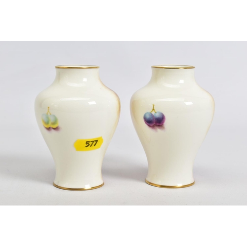 577 - A PAIR OF SMALL ROYAL WORCESTER FRUIT PAINTED BALUSTER VASES, signed R.Price, shape No, 2491/4, prin... 