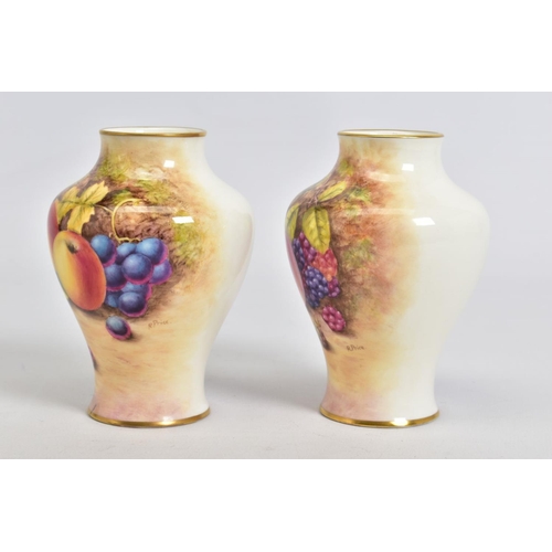 577 - A PAIR OF SMALL ROYAL WORCESTER FRUIT PAINTED BALUSTER VASES, signed R.Price, shape No, 2491/4, prin... 