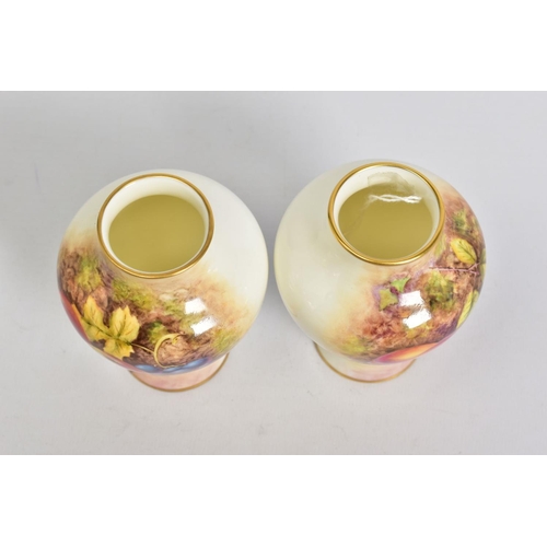 577 - A PAIR OF SMALL ROYAL WORCESTER FRUIT PAINTED BALUSTER VASES, signed R.Price, shape No, 2491/4, prin... 