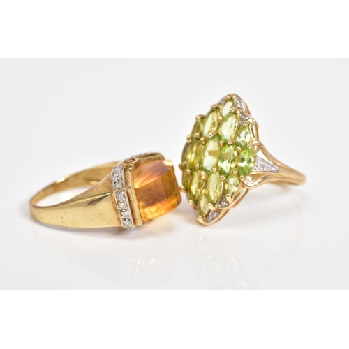 58 - TWO 9CT GOLD GEMSTONE SET RINGS, the first of lozenge design set with fifteen marquise cut peridots ... 