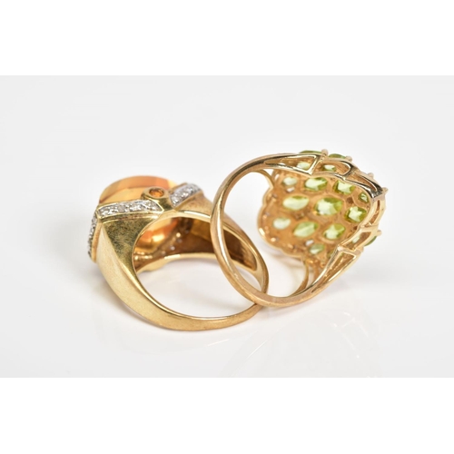 58 - TWO 9CT GOLD GEMSTONE SET RINGS, the first of lozenge design set with fifteen marquise cut peridots ... 