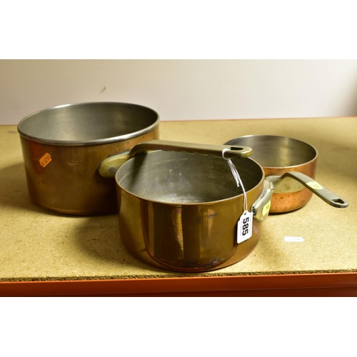 585 - TWO ELKINGTON AND CO COPPER SAUCEPANS, 21cm and 14cm with pouring lid, together with an 18cm copper ... 