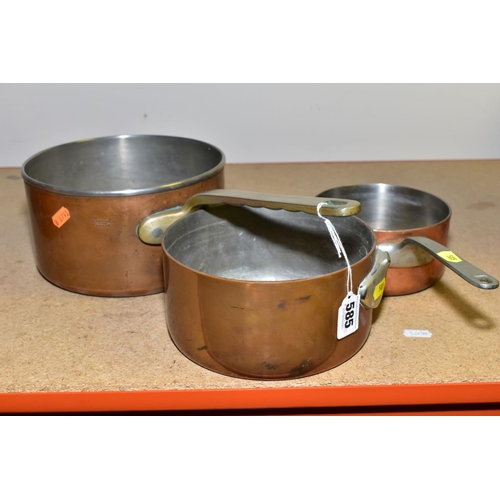 585 - TWO ELKINGTON AND CO COPPER SAUCEPANS, 21cm and 14cm with pouring lid, together with an 18cm copper ... 