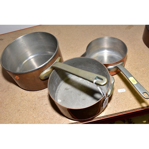 585 - TWO ELKINGTON AND CO COPPER SAUCEPANS, 21cm and 14cm with pouring lid, together with an 18cm copper ... 