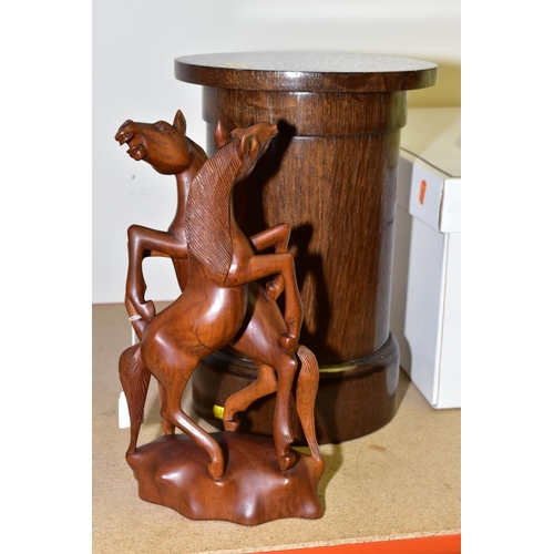 586 - A WOODEN CARVING OF TWO REARING HORSES, approximate height 31.5cm, together with a cylindrical oak v... 