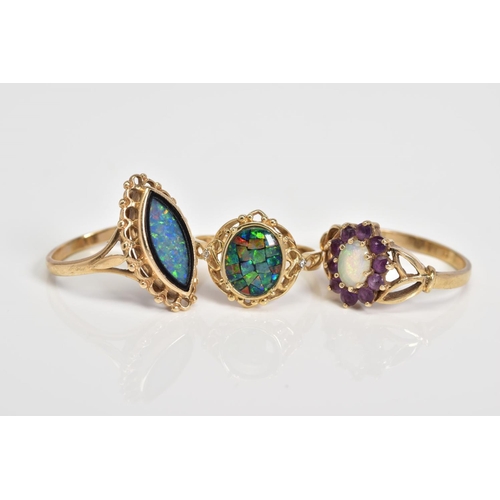 59 - A SELECTION OF GEM SET RINGS, to include an opal and amethyst cluster ring, with open work shoulders... 