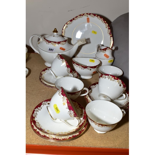 591 - A ROYAL DOULTON 'WINTHROP' PATTERN TEA SET, comprising tea pot, milk and sugar, bread and butter, si... 