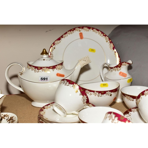 591 - A ROYAL DOULTON 'WINTHROP' PATTERN TEA SET, comprising tea pot, milk and sugar, bread and butter, si... 