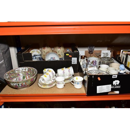 593 - TWO BOXES OF CERAMICS AND LOOSE, including a modern Chinese famille rose bowl, Royal Worcester Kentm... 