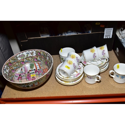 593 - TWO BOXES OF CERAMICS AND LOOSE, including a modern Chinese famille rose bowl, Royal Worcester Kentm... 