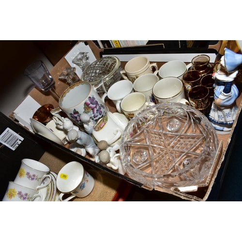 593 - TWO BOXES OF CERAMICS AND LOOSE, including a modern Chinese famille rose bowl, Royal Worcester Kentm... 