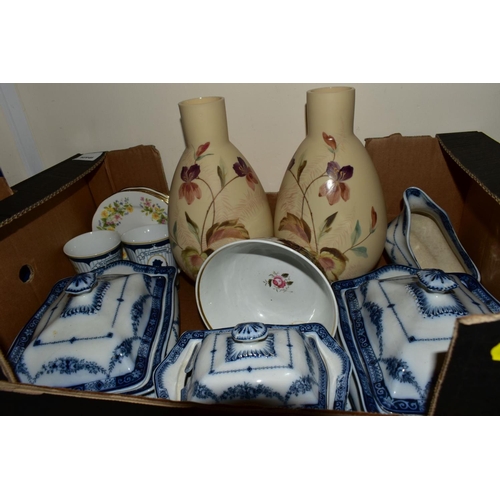 593 - TWO BOXES OF CERAMICS AND LOOSE, including a modern Chinese famille rose bowl, Royal Worcester Kentm... 