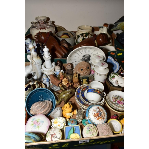 595 - THREE BOXES OF CERAMICS, GLASS, TREEN ETC, AND LOOSE ITEMS, to include a damaged Plichta pig, a USSR... 