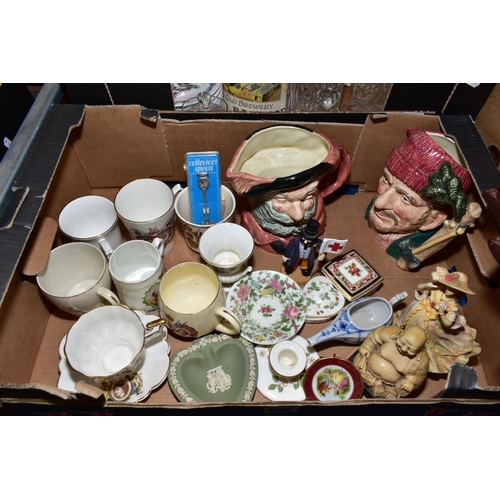 596 - THREE BOXES OF CERAMICS, GLASSWARE, TREEN, METALWARE ETC, including an African tribal mask, two larg... 