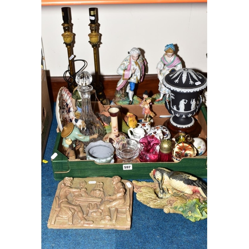 597 - A BOX OF VICTORIAN AND LATER CERAMICS, GLASSWARE AND LOOSE ITEMS, including a pair of table lamps, a... 