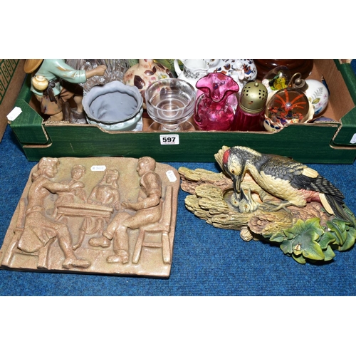 597 - A BOX OF VICTORIAN AND LATER CERAMICS, GLASSWARE AND LOOSE ITEMS, including a pair of table lamps, a... 