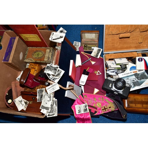 598 - A BOX OF ASSORTED WOODEN BOXES ETC, AND A CASE OF MASONIC REGALIA, to include a small late 19th cent... 