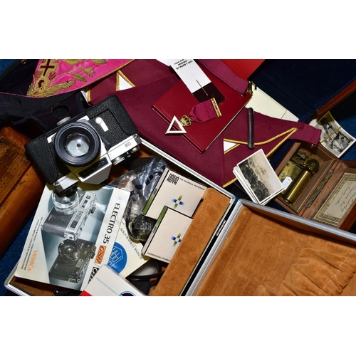 598 - A BOX OF ASSORTED WOODEN BOXES ETC, AND A CASE OF MASONIC REGALIA, to include a small late 19th cent... 