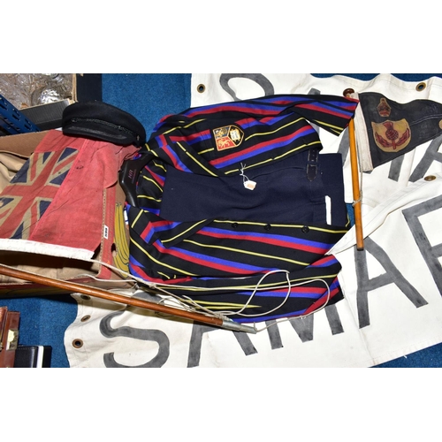 599 - A GENTS STRIPED BLAZER WITH EMBROIDERED BADGE, together with a pair of navy trousers, a sailing cap ... 