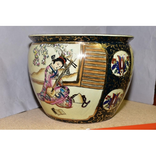 601 - A LATE 20TH CENTURY SATSUMA STYLE FISH BOWL, printed and tinted decoration, approximate height 21cm ... 