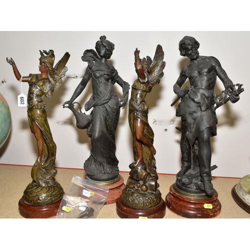 602 - TWO PAIRS OF LATE 19TH CENTURY SPELTER FIGURES, comprising a patinated pair with titled bases 'La Pa... 