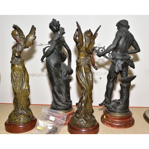 602 - TWO PAIRS OF LATE 19TH CENTURY SPELTER FIGURES, comprising a patinated pair with titled bases 'La Pa... 