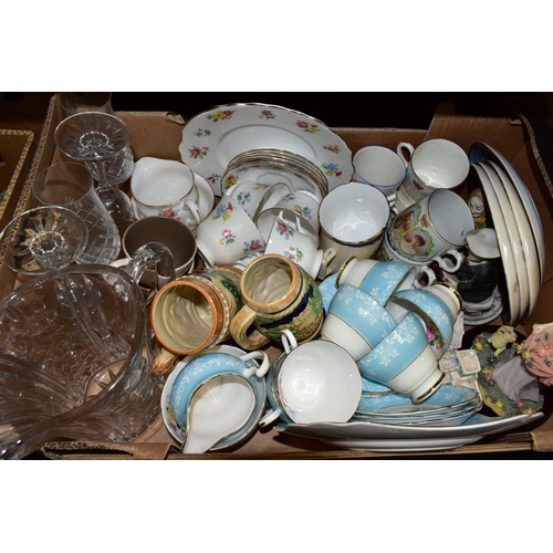 609 - FOUR BOXES OF CERAMICS, GLASSWARE, KITCHEN COOKWARE, ETC, including part tea sets, Danbury Mint cott... 