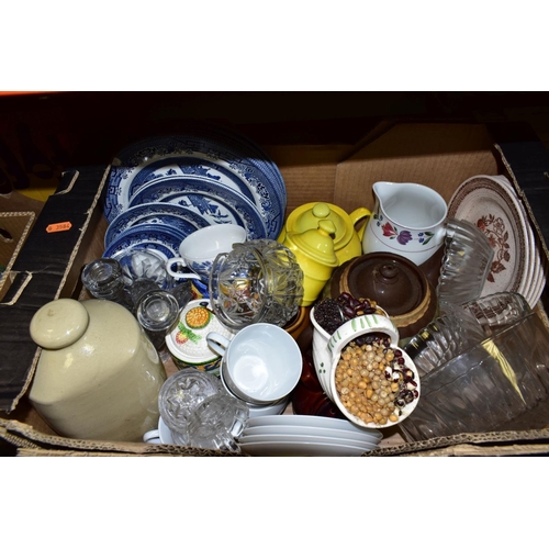 609 - FOUR BOXES OF CERAMICS, GLASSWARE, KITCHEN COOKWARE, ETC, including part tea sets, Danbury Mint cott... 