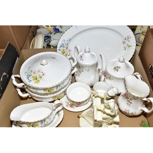 612 - FOUR BOXES OF GLASSWARE, KITCHEN CERAMICS, ORNAMENTS ETC, including a small quantity of Royal Albert... 