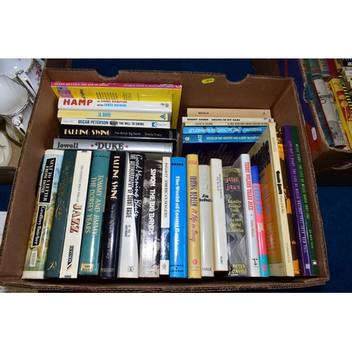 613 - TWO BOXES OF BOOKS AND A BOX OF CERAMICS AND GLASSWARE, to include 1930's tinted and painted tea pla... 