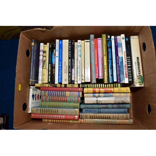 613 - TWO BOXES OF BOOKS AND A BOX OF CERAMICS AND GLASSWARE, to include 1930's tinted and painted tea pla... 