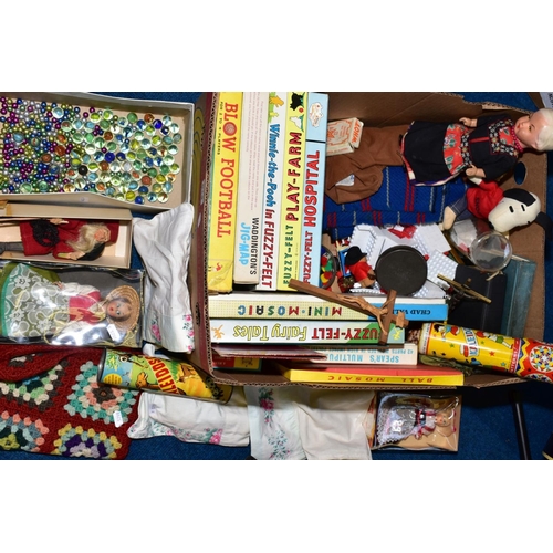 614 - A BOX OF VINTAGE TOYS, to include Fuzzy-Felt (Hospital, Play-Farm, Winnie-the-Pooh and Fairy Tales),... 