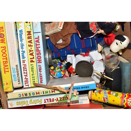 614 - A BOX OF VINTAGE TOYS, to include Fuzzy-Felt (Hospital, Play-Farm, Winnie-the-Pooh and Fairy Tales),... 