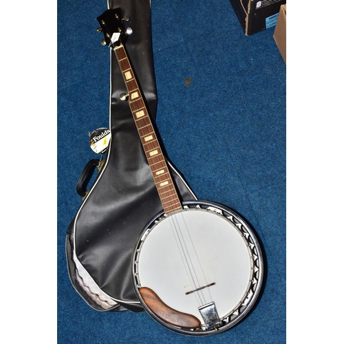 616 - A MODERN UN-NAMED FIVE STRING BANJO, with mahogany body, rosewood fingerboard with block inlays, a c... 