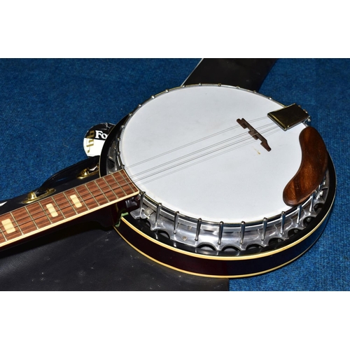 616 - A MODERN UN-NAMED FIVE STRING BANJO, with mahogany body, rosewood fingerboard with block inlays, a c... 